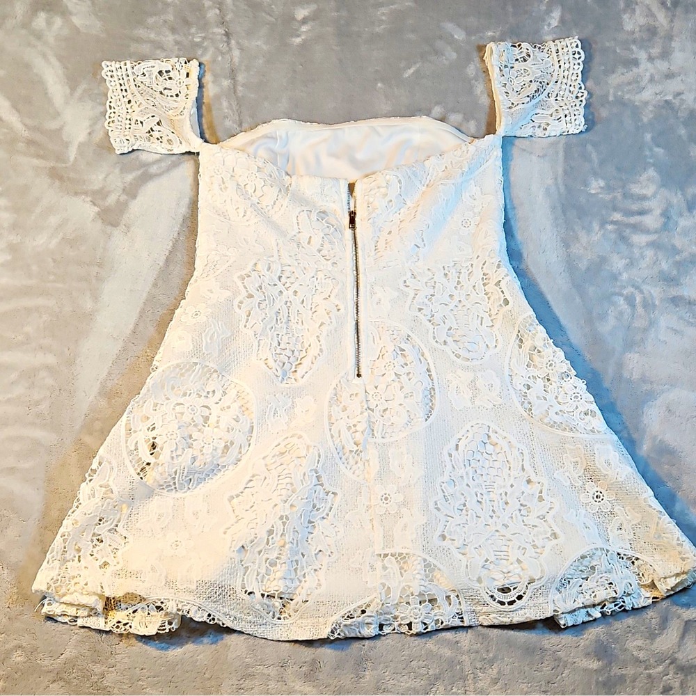 BELLAVISTA Womens White Floral Lace Off Shoulder A-Line Short Lined Zip Dress 8